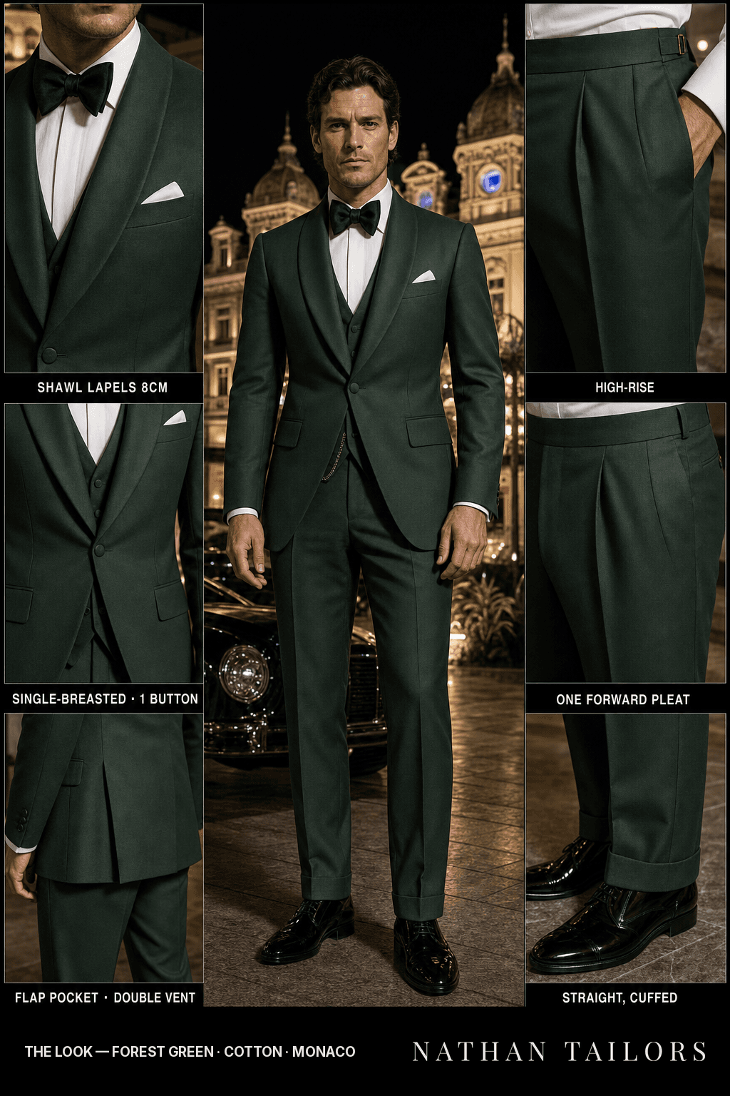 forest green single-breasted bespoke suit — custom tailored by Nathan Tailors, the Hoi An custom tailor