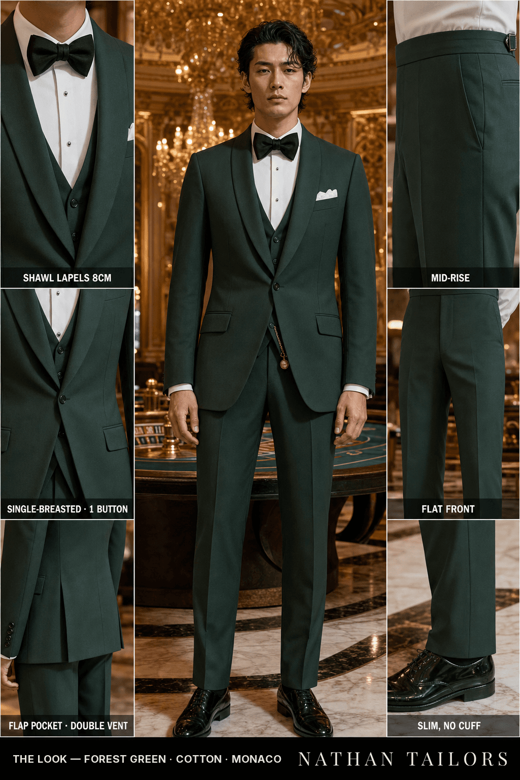 forest green single-breasted bespoke suit — custom tailored by Nathan Tailors, the Hoi An custom tailor