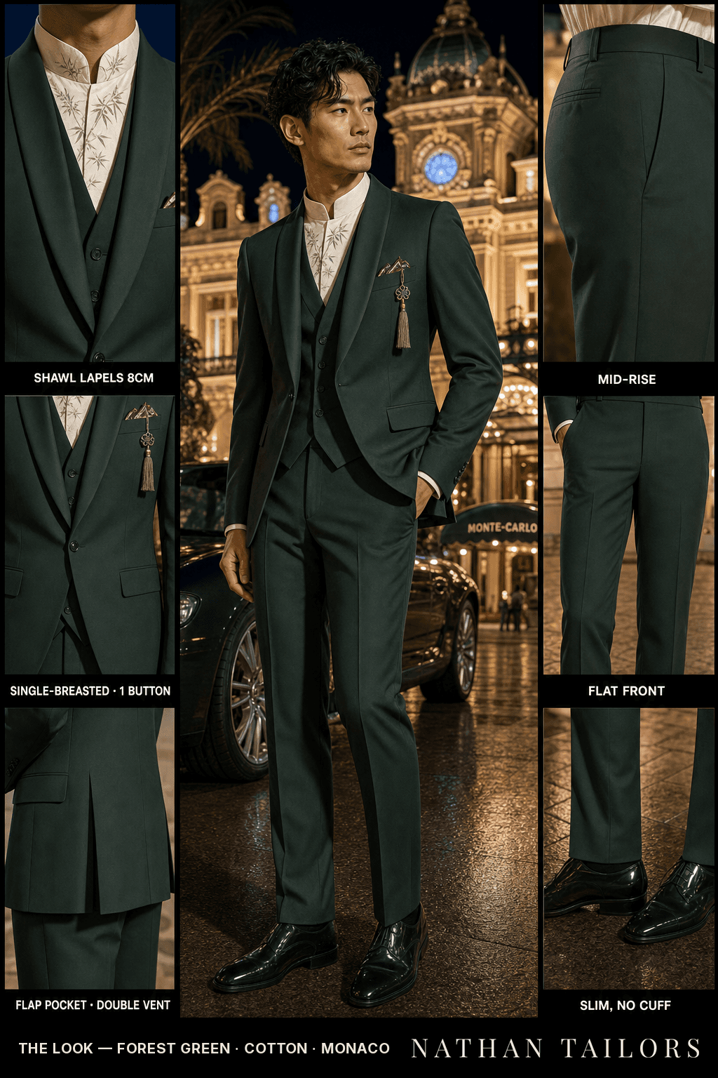forest green single-breasted bespoke suit — custom tailored by Nathan Tailors, the Hoi An custom tailor