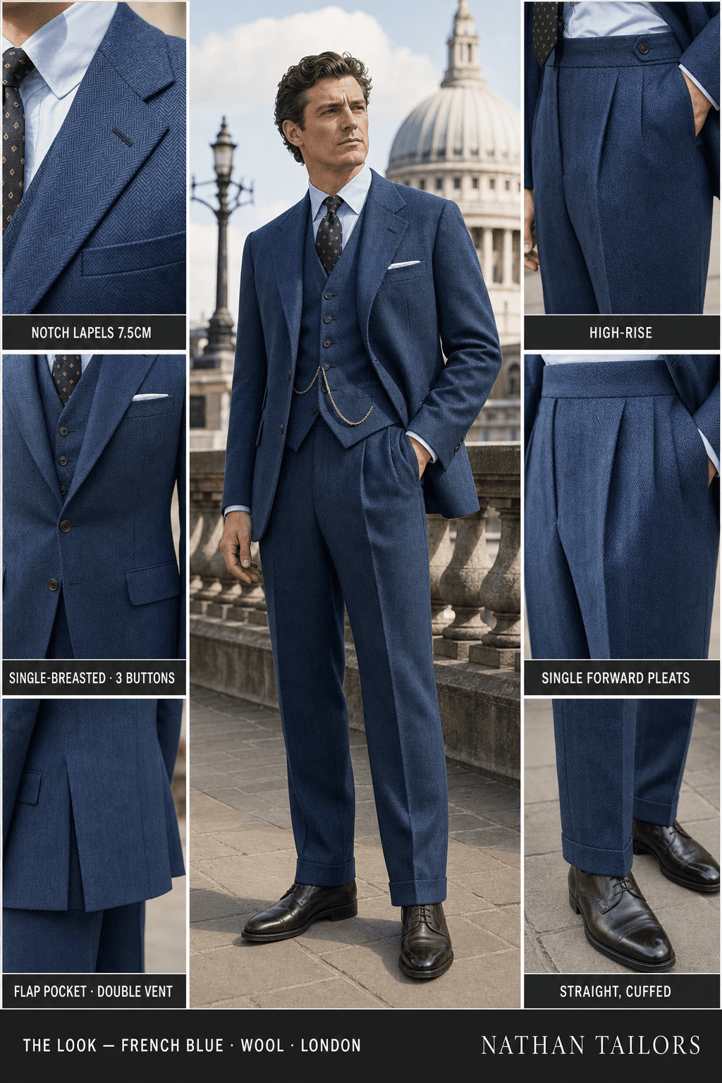 french blue herringbone single-breasted bespoke suit — custom tailored by Nathan Tailors, the Hoi An custom tailor