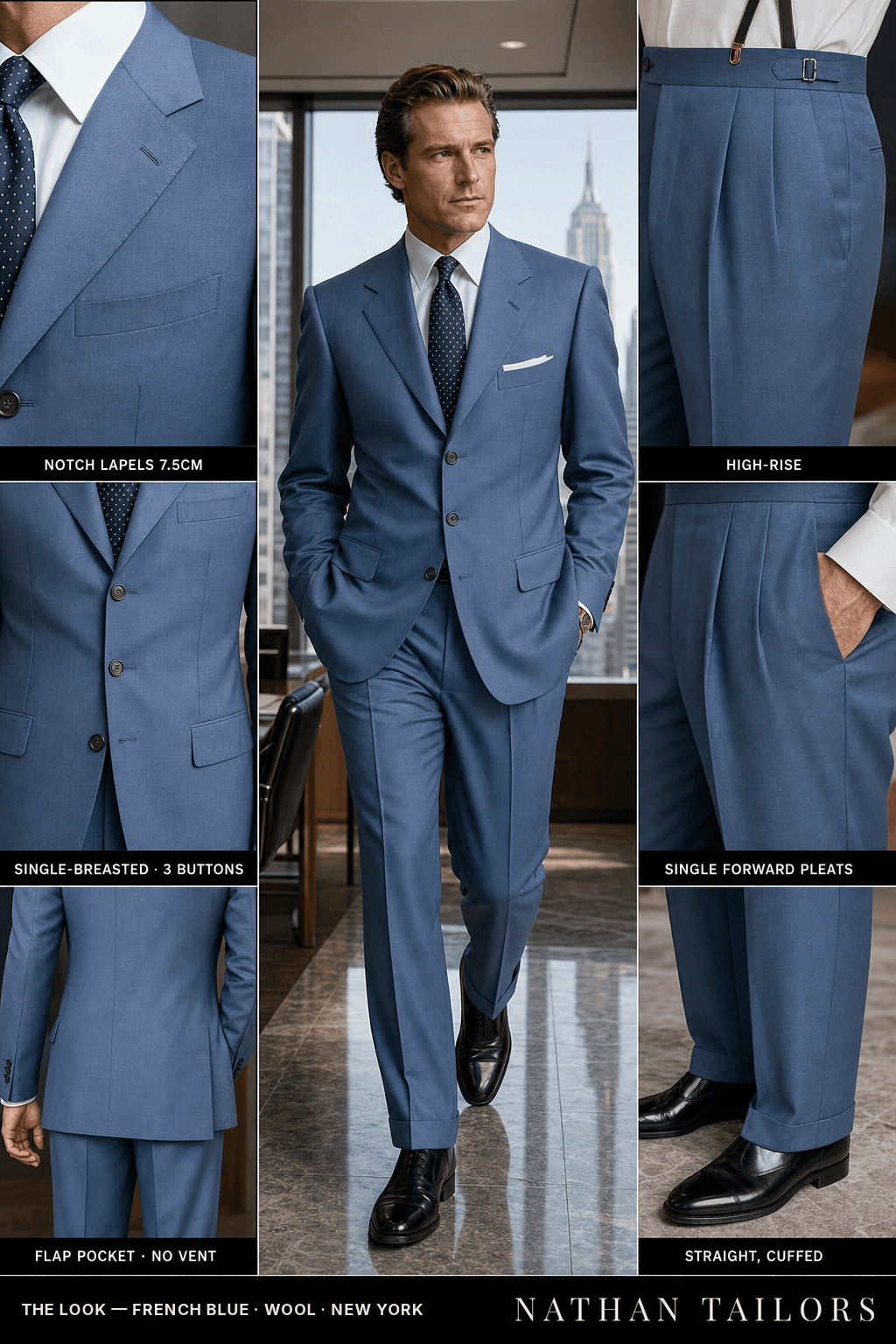 french blue single-breasted bespoke suit — custom tailored by Nathan Tailors, the Hoi An custom tailor