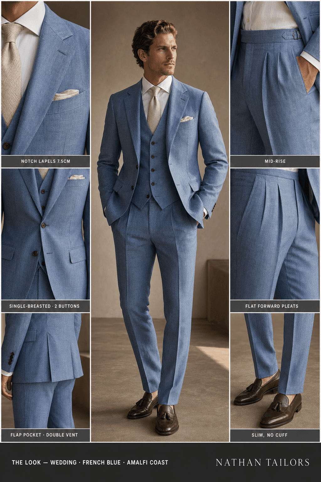 french blue single-breasted notch-lapel bespoke suit — AI-rendered by Nathan Tailors, the Hoi An custom tailor. Available as a custom tailored suit from $129.