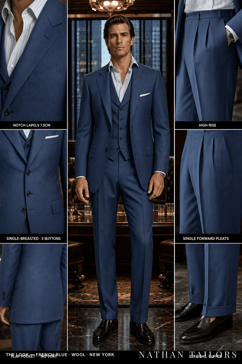 french blue single-breasted bespoke suit — custom tailored by Nathan Tailors, the Hoi An custom tailor