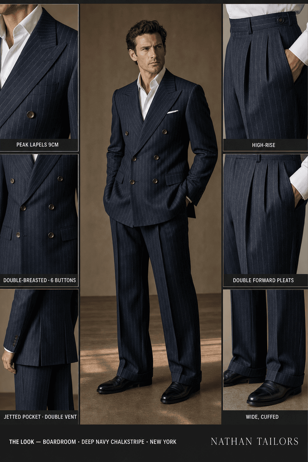 deep navy chalkstripe chalk stripe double-breasted peak-lapel bespoke suit — AI-rendered by Nathan Tailors, the Hoi An custom tailor. Available as a custom tailored suit from $129.