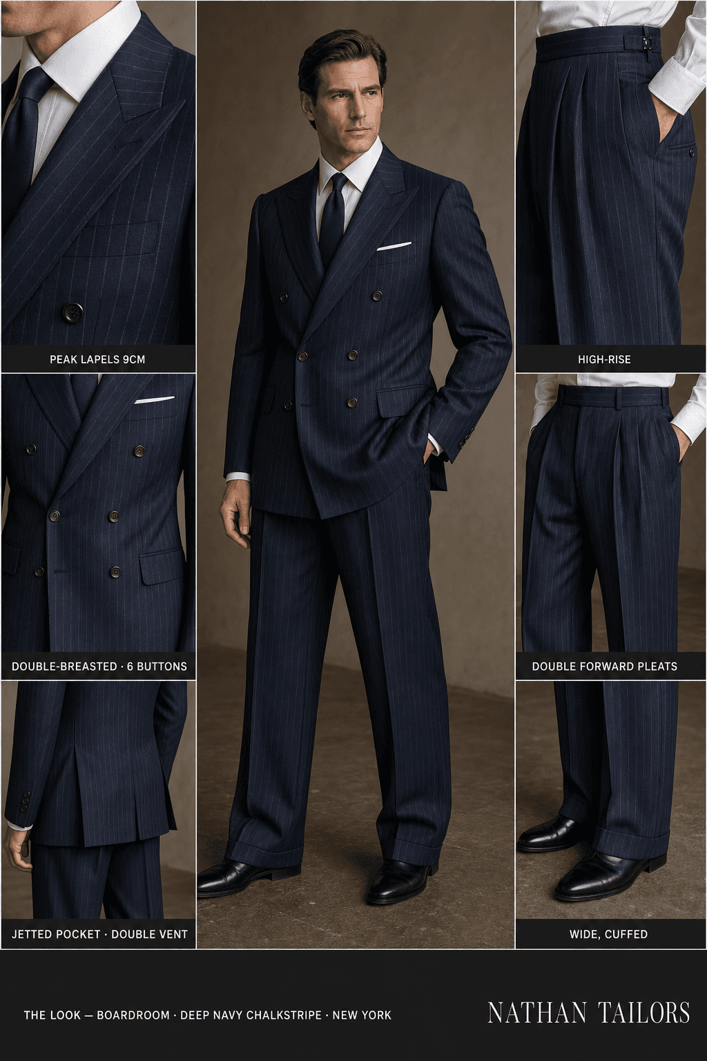 deep navy chalkstripe chalk stripe double-breasted peak-lapel bespoke suit — AI-rendered by Nathan Tailors, the Hoi An custom tailor. Available as a custom tailored suit from $129.
