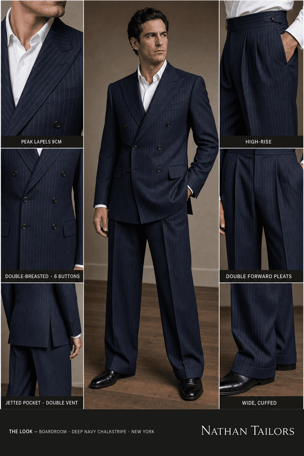 deep navy chalkstripe chalk stripe double-breasted peak-lapel bespoke suit — AI-rendered by Nathan Tailors, the Hoi An custom tailor. Available as a custom tailored suit from $129.