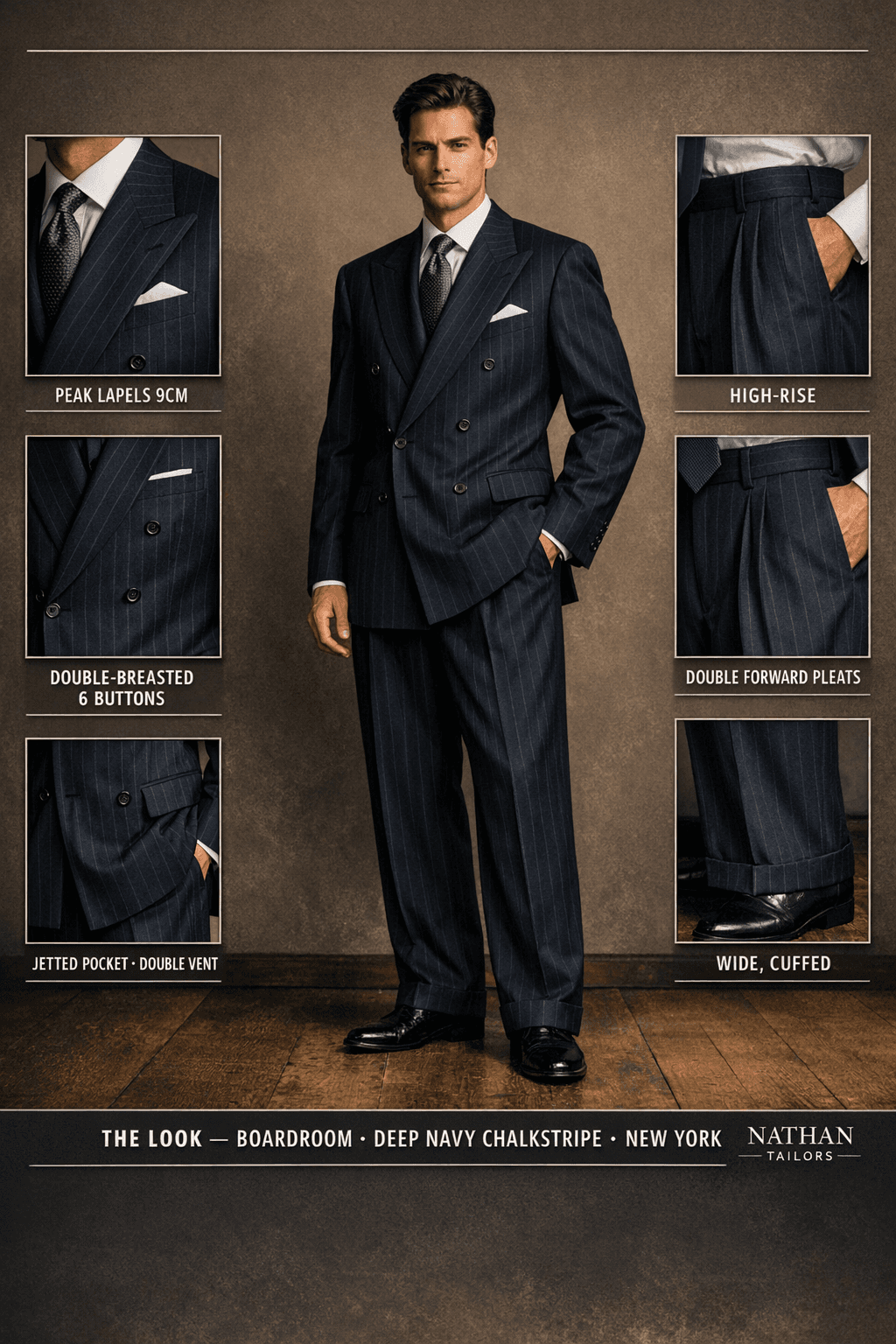 deep navy chalkstripe chalk stripe double-breasted peak-lapel bespoke suit — AI-rendered by Nathan Tailors, the Hoi An custom tailor. Available as a custom tailored suit from $129.