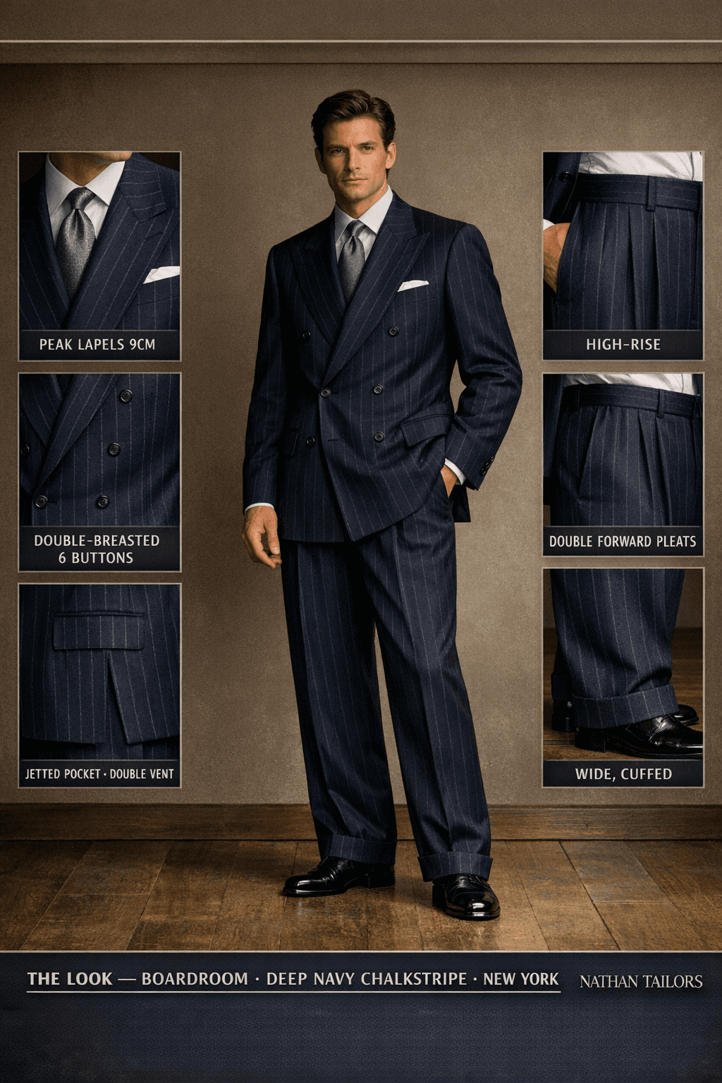 deep navy chalkstripe chalk stripe double-breasted peak-lapel bespoke suit — AI-rendered by Nathan Tailors, the Hoi An custom tailor. Available as a custom tailored suit from $129.