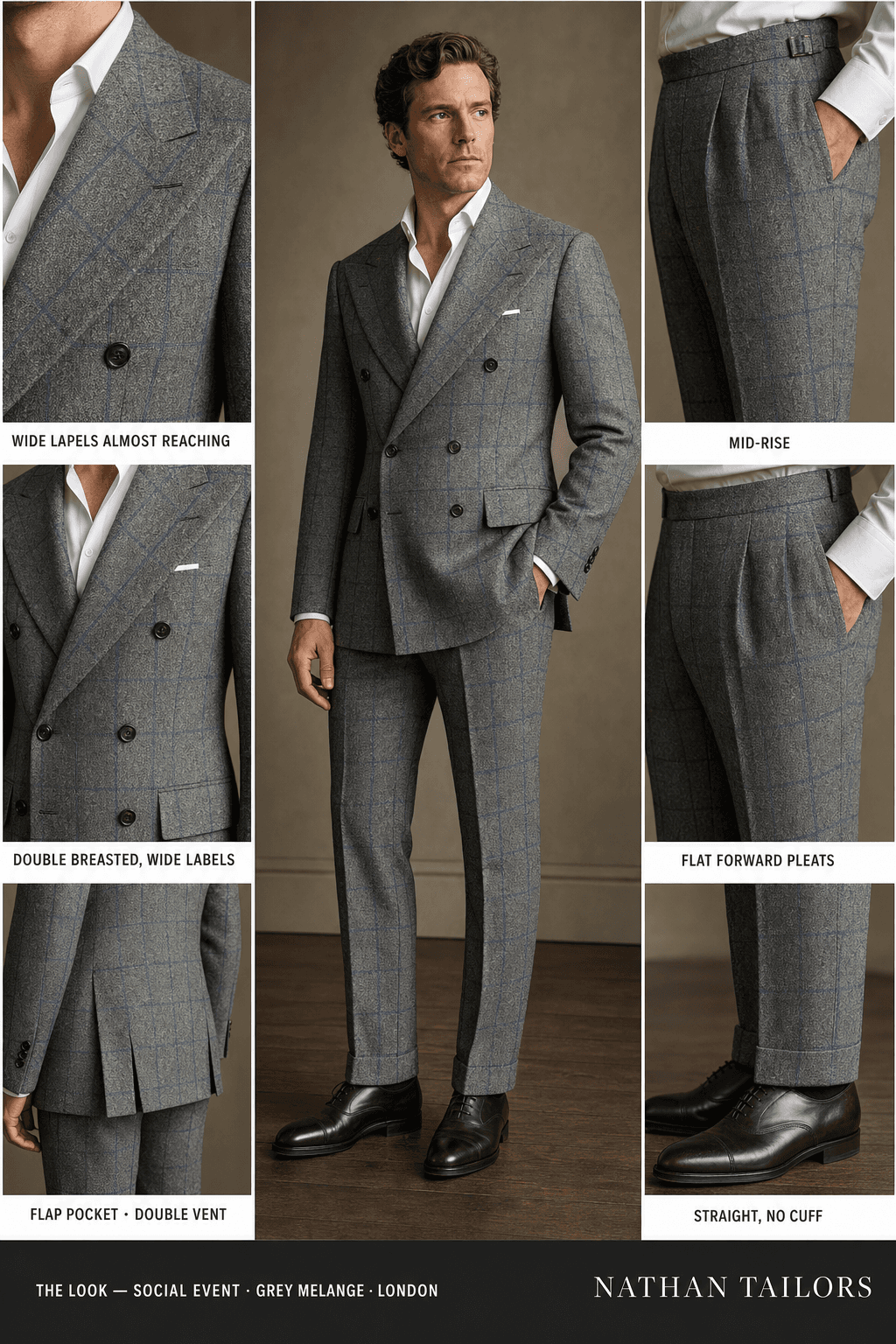 Grey melange double-breasted notch-lapel bespoke suit — AI-rendered by Nathan Tailors, the Hoi An custom tailor. Available as a custom tailored suit from $129.