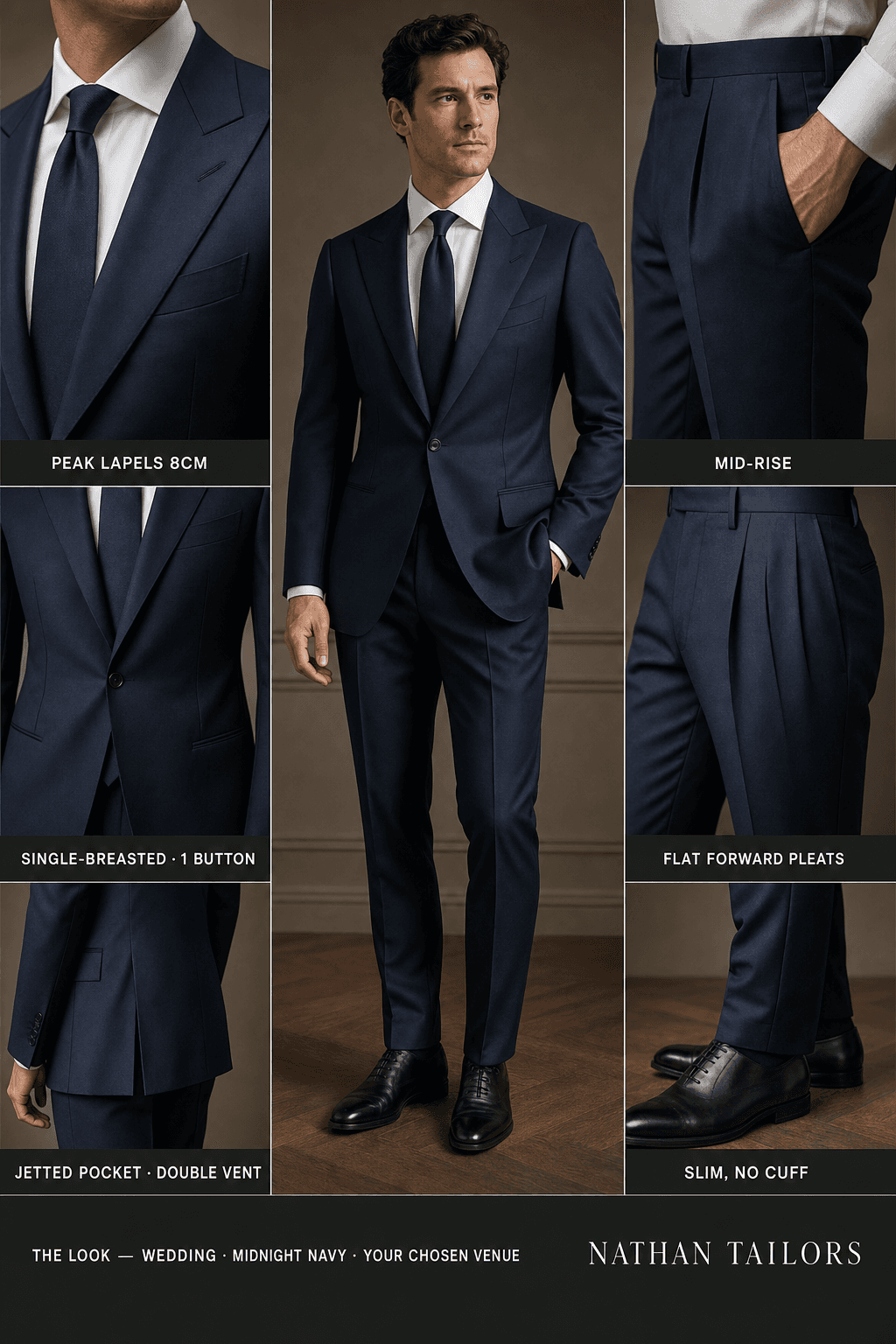 midnight navy single-breasted peak-lapel bespoke suit — AI-rendered by Nathan Tailors, the Hoi An custom tailor. Available as a custom tailored suit from $129.