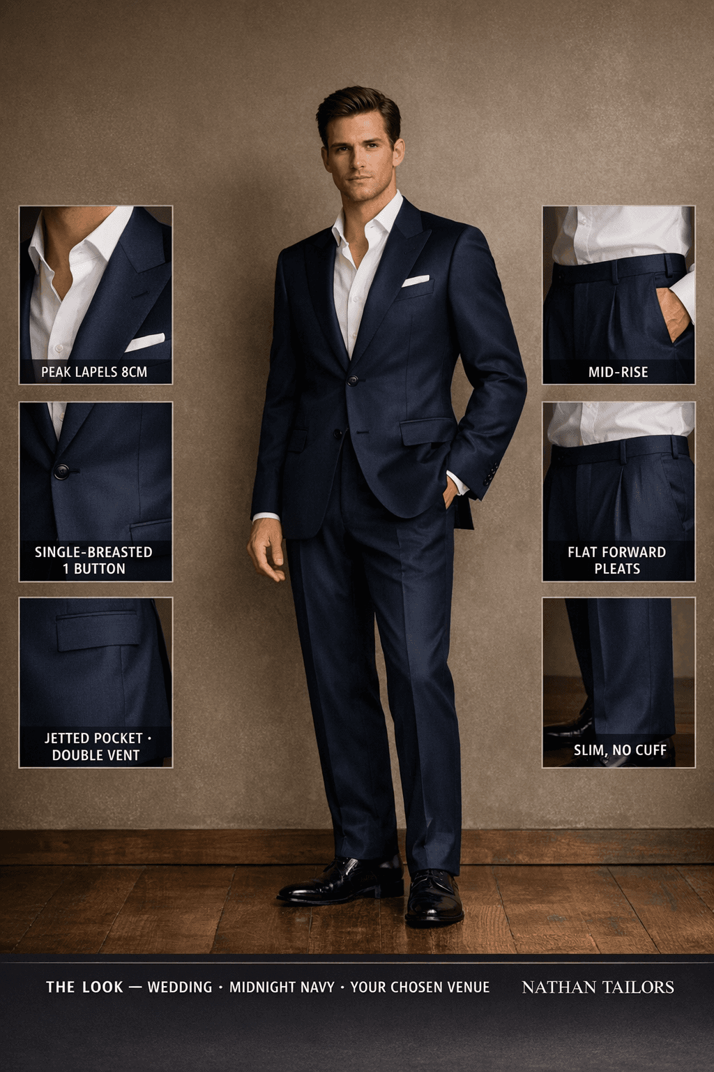 midnight navy single-breasted suit — Nathan Tailors Hoi An tailor Atelier render