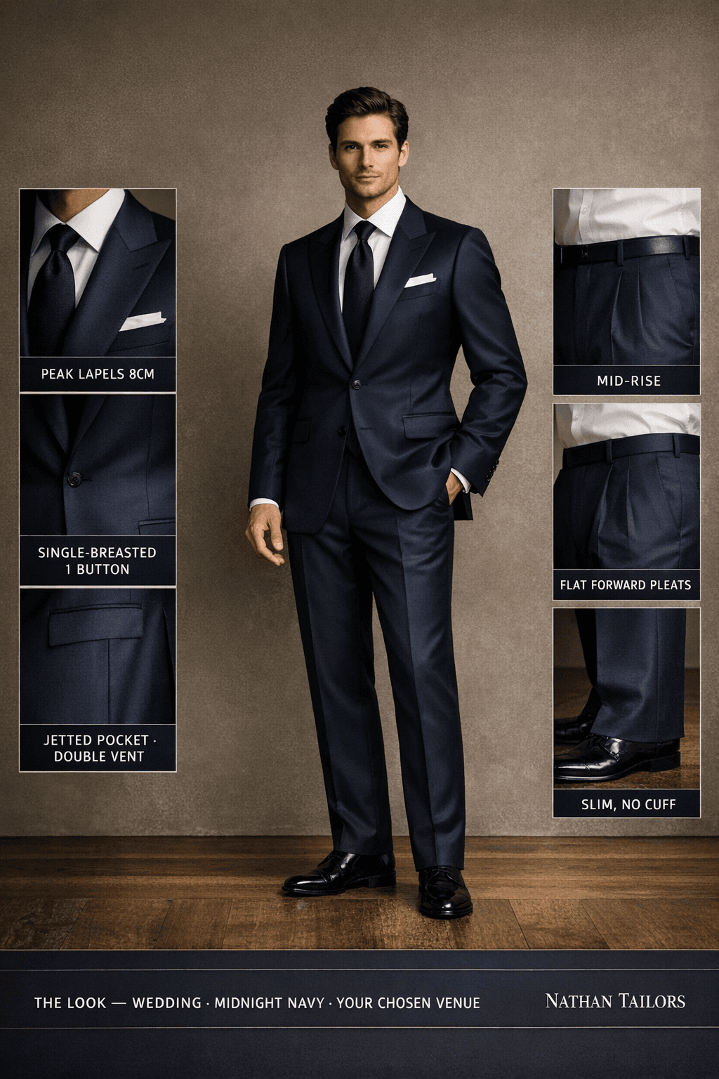 midnight navy single-breasted suit — Nathan Tailors Hoi An tailor Atelier render
