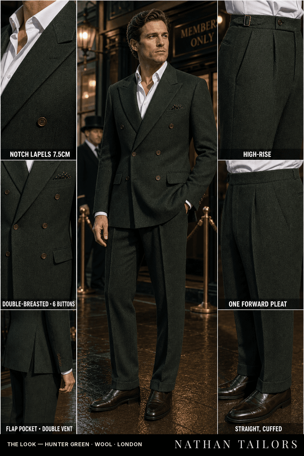 hunter green herringbone double-breasted bespoke suit — custom tailored by Nathan Tailors, the Hoi An custom tailor