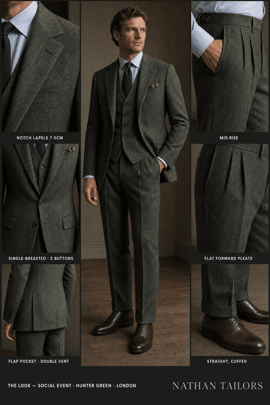 hunter green herringbone single-breasted bespoke suit — custom tailored by Nathan Tailors, the Hoi An custom tailor