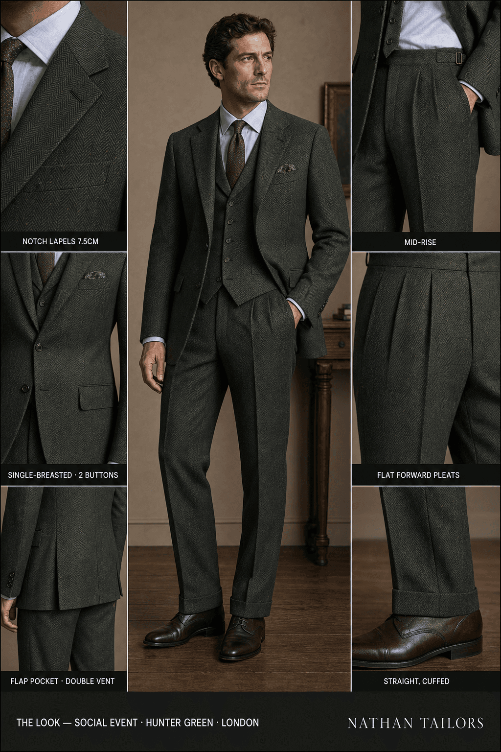 hunter green herringbone single-breasted notch-lapel bespoke suit — AI-rendered by Nathan Tailors, the Hoi An custom tailor. Available as a custom tailored suit from $129.