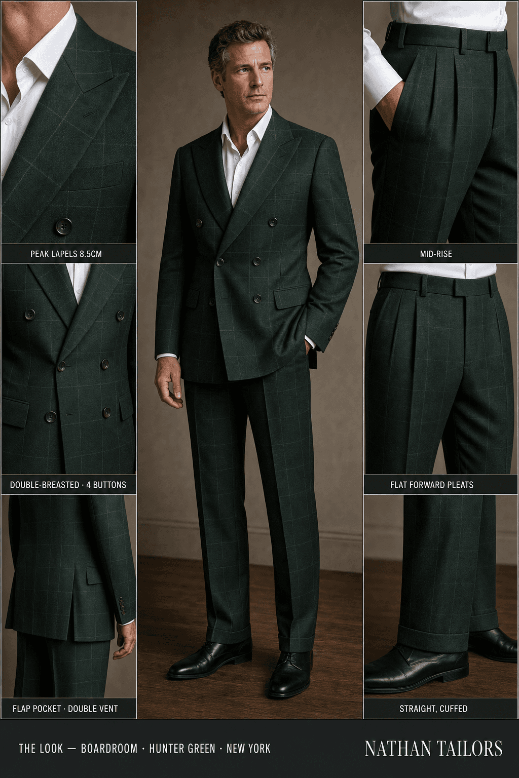 hunter green windowpane double-breasted peak-lapel bespoke suit — AI-rendered by Nathan Tailors, the Hoi An custom tailor. Available as a custom tailored suit from $129.