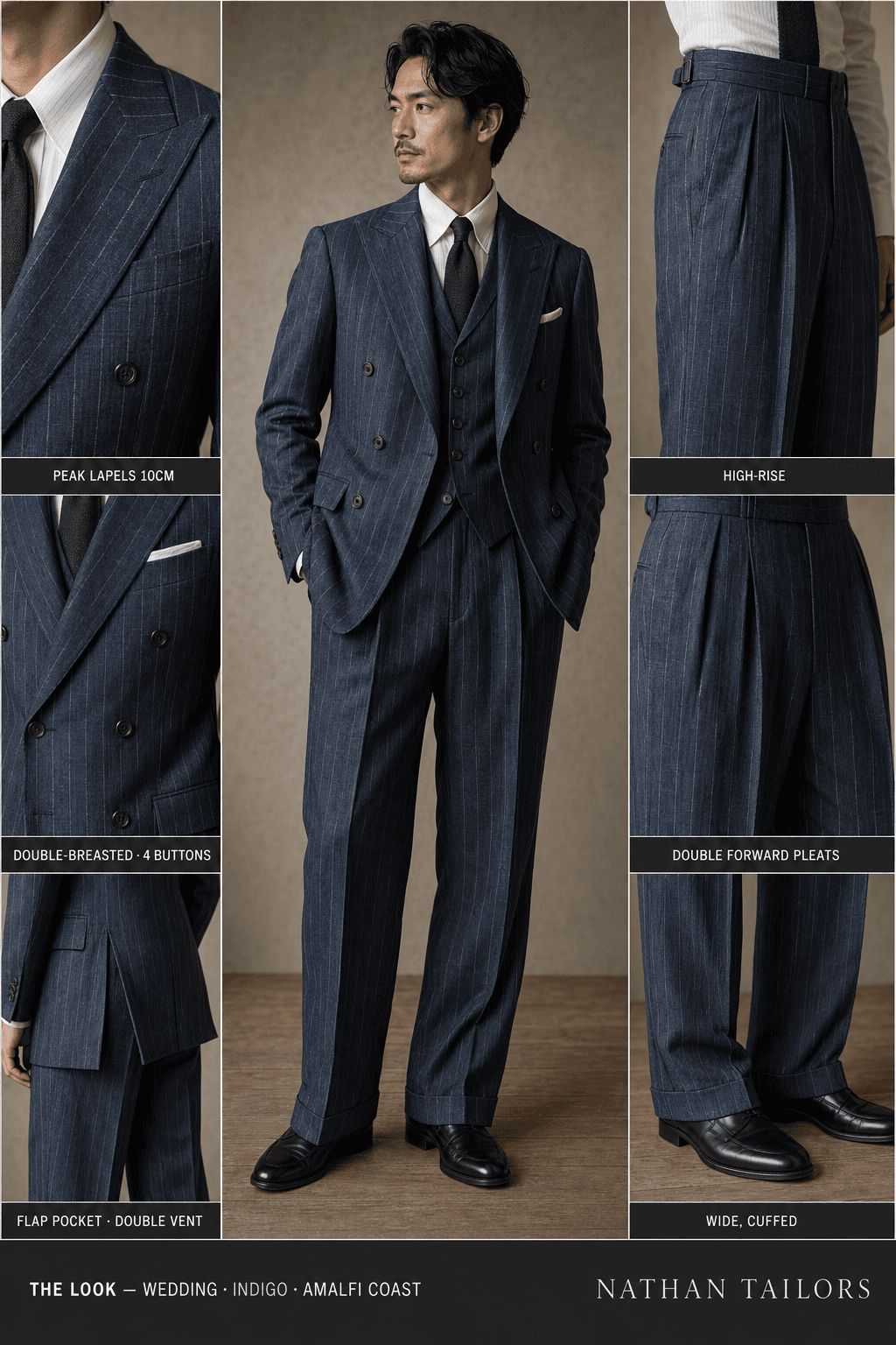 indigo chalk stripe double-breasted peak-lapel bespoke suit — AI-rendered by Nathan Tailors, the Hoi An custom tailor. Available as a custom tailored suit from $129.