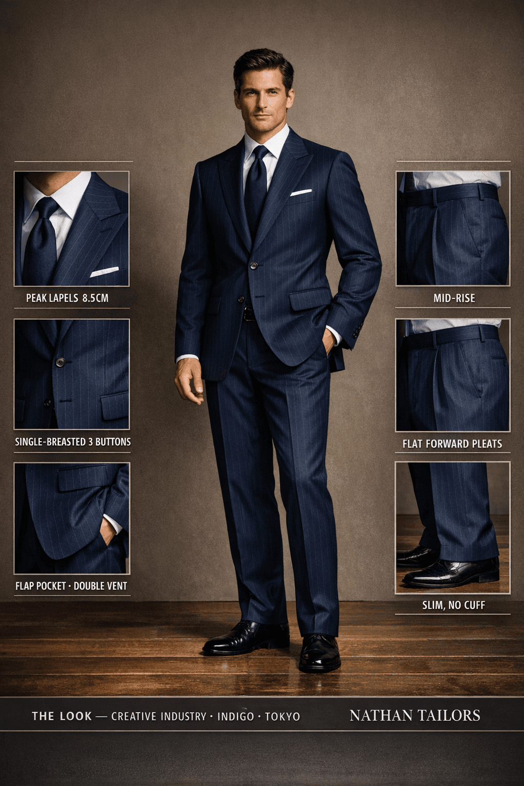 indigo single-breasted suit — Nathan Tailors Hoi An tailor Atelier render