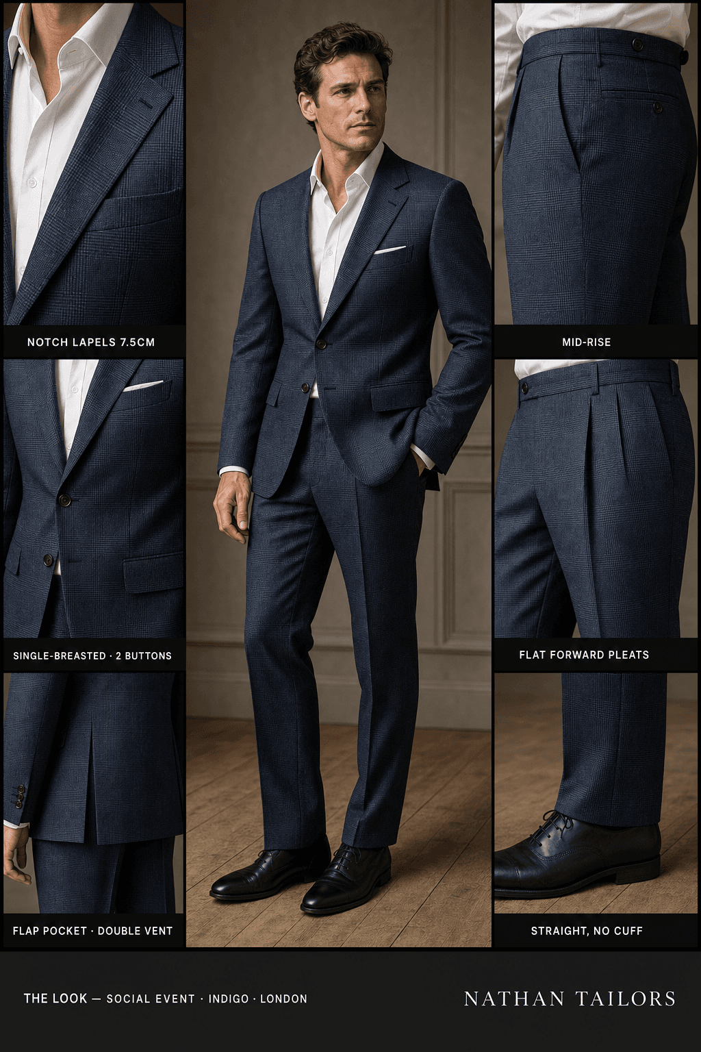 indigo glen plaid single-breasted notch-lapel bespoke suit — AI-rendered by Nathan Tailors, the Hoi An custom tailor. Available as a custom tailored suit from $129.