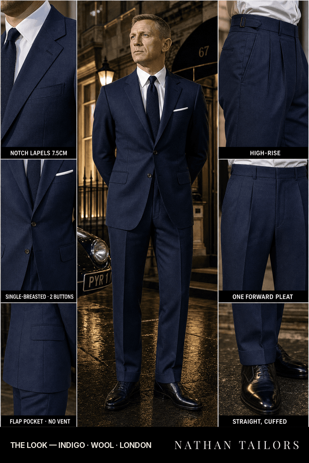indigo single-breasted notch-lapel bespoke suit — AI-rendered by Nathan Tailors, the Hoi An custom tailor. Available as a custom tailored suit from $149.