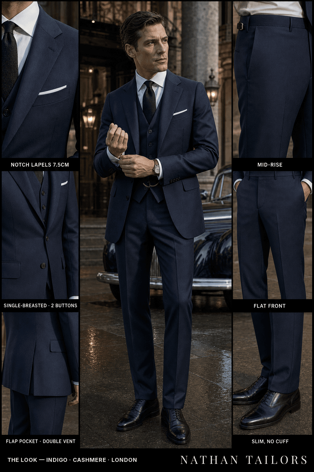 indigo single-breasted bespoke suit — custom tailored by Nathan Tailors, the Hoi An custom tailor
