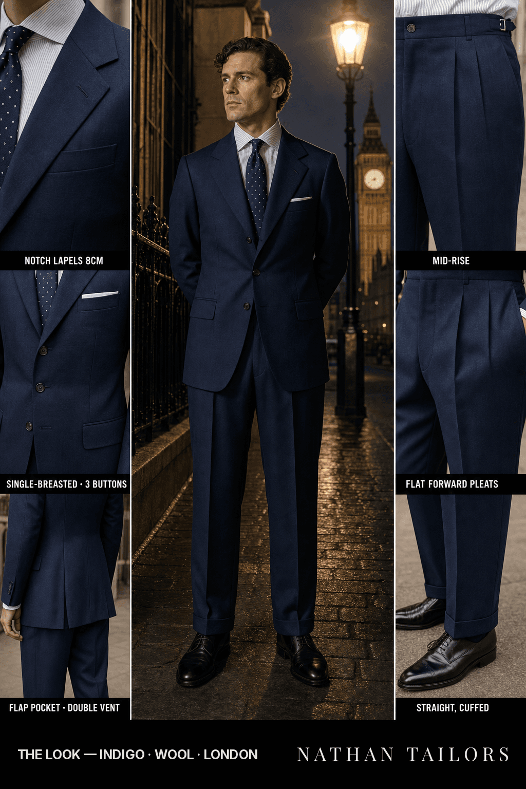 indigo single-breasted notch-lapel bespoke suit — AI-rendered by Nathan Tailors, the Hoi An custom tailor. Available as a custom tailored suit from $149.