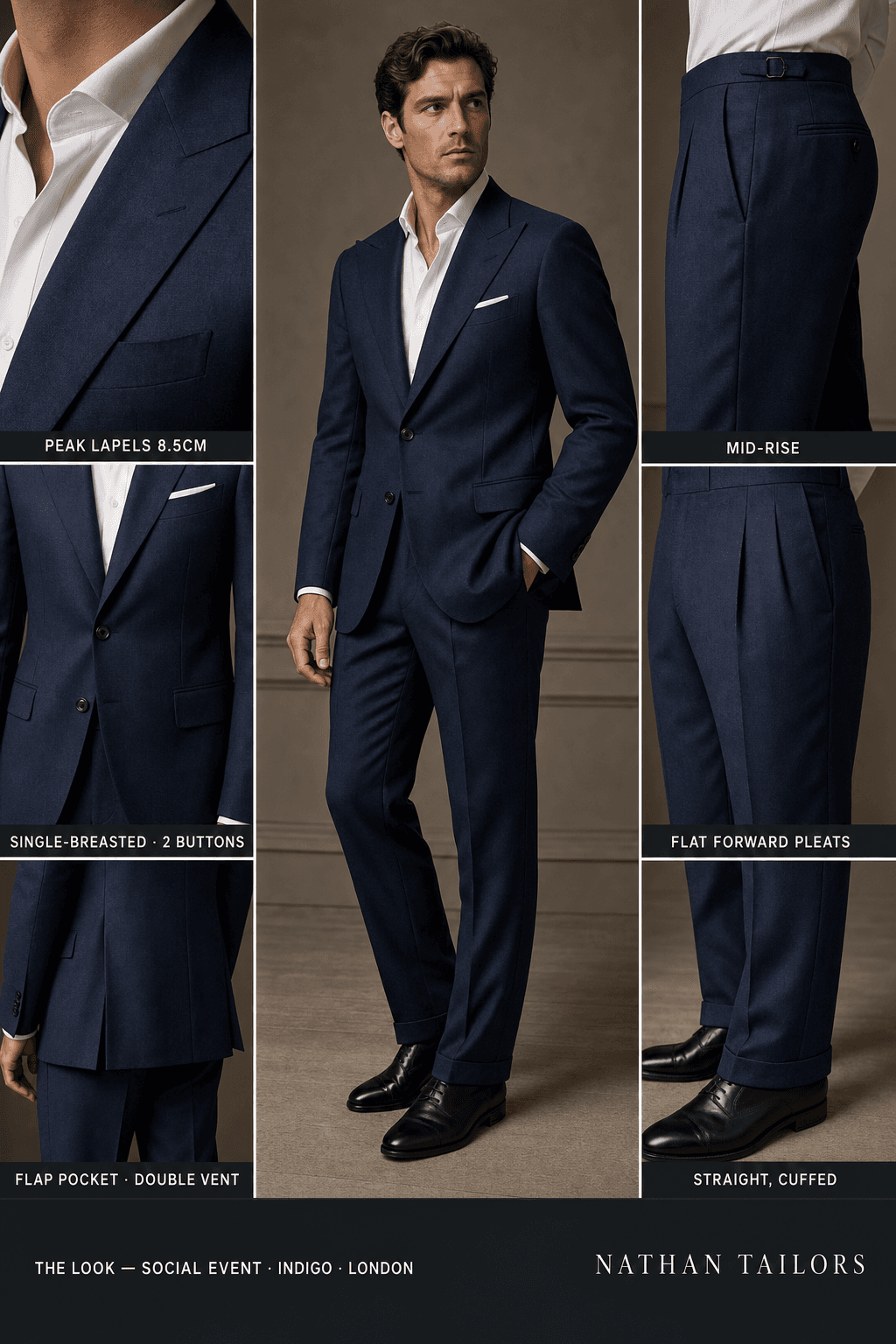 indigo single-breasted peak-lapel bespoke suit — AI-rendered by Nathan Tailors, the Hoi An custom tailor. Available as a custom tailored suit from $129.