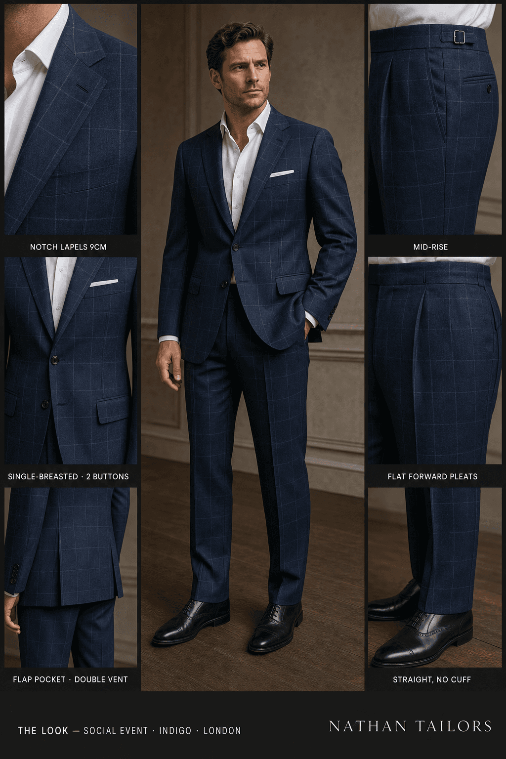 indigo windowpane single-breasted notch-lapel bespoke suit — AI-rendered by Nathan Tailors, the Hoi An custom tailor. Available as a custom tailored suit from $129.
