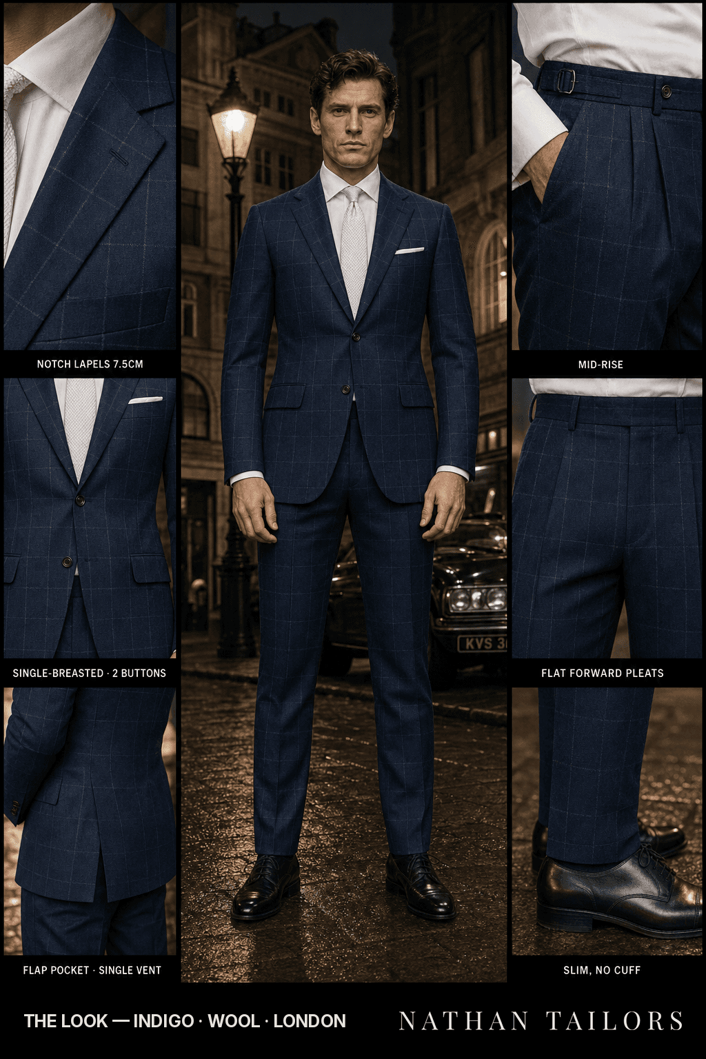 indigo windowpane single-breasted bespoke suit — custom tailored by Nathan Tailors, the Hoi An custom tailor