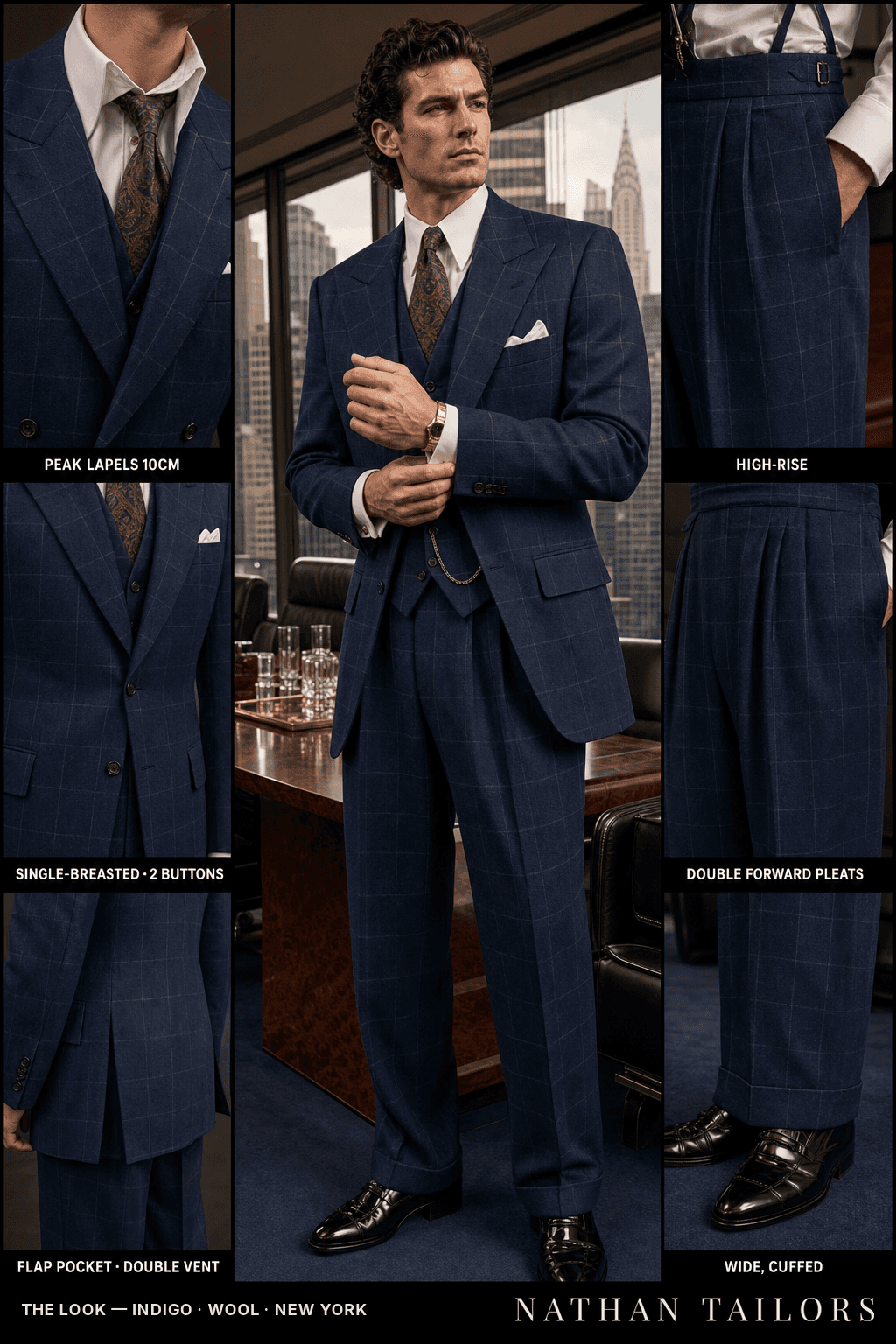 indigo windowpane single-breasted peak-lapel bespoke suit — AI-rendered by Nathan Tailors, the Hoi An custom tailor. Available as a custom tailored suit from $149.