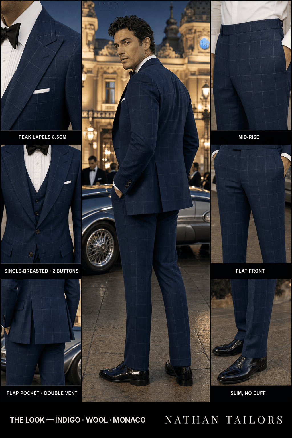 indigo windowpane single-breasted peak-lapel bespoke suit — AI-rendered by Nathan Tailors, the Hoi An custom tailor. Available as a custom tailored suit from $149.