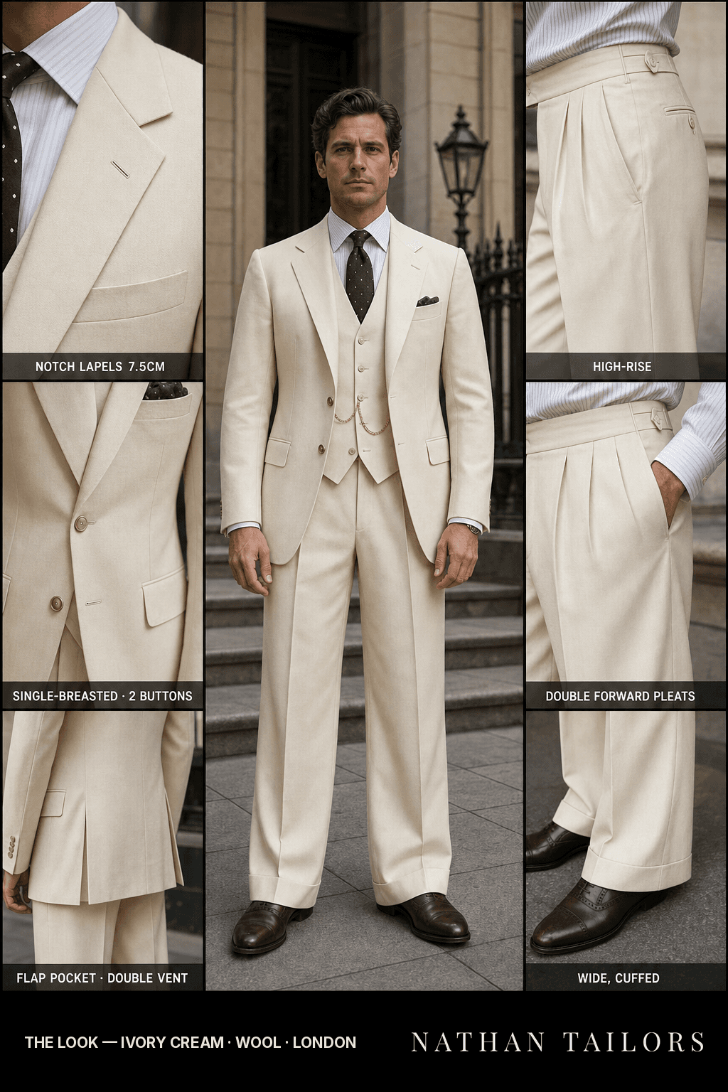 ivory cream single-breasted bespoke suit — custom tailored by Nathan Tailors, the Hoi An custom tailor