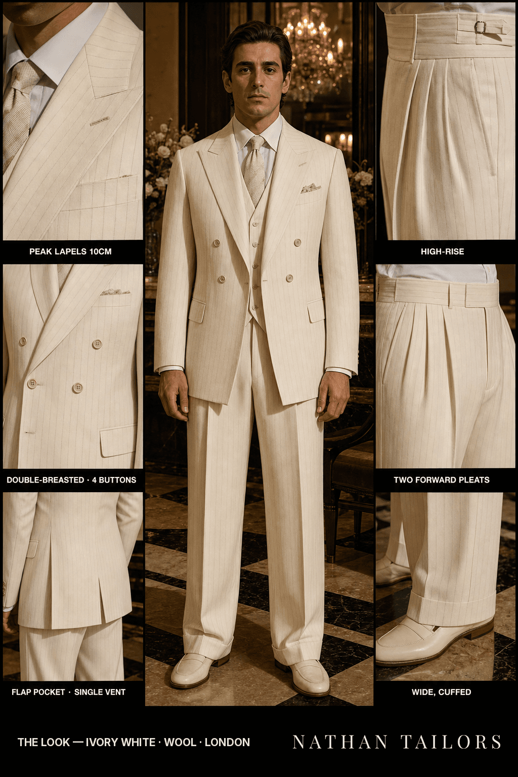 ivory white pinstripe double-breasted bespoke suit — custom tailored by Nathan Tailors, the Hoi An custom tailor