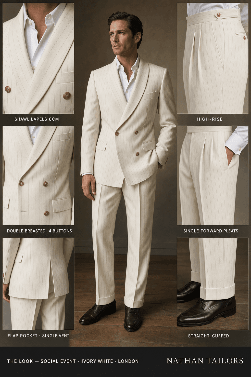 ivory white pinstripe double-breasted bespoke suit — custom tailored by Nathan Tailors, the Hoi An custom tailor