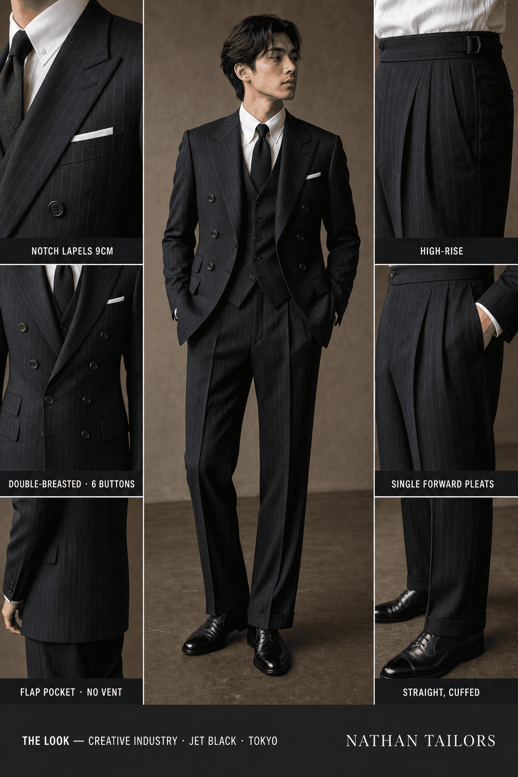 jet black chalk stripe double-breasted notch-lapel bespoke suit — AI-rendered by Nathan Tailors, the Hoi An custom tailor. Available as a custom tailored suit from $129.