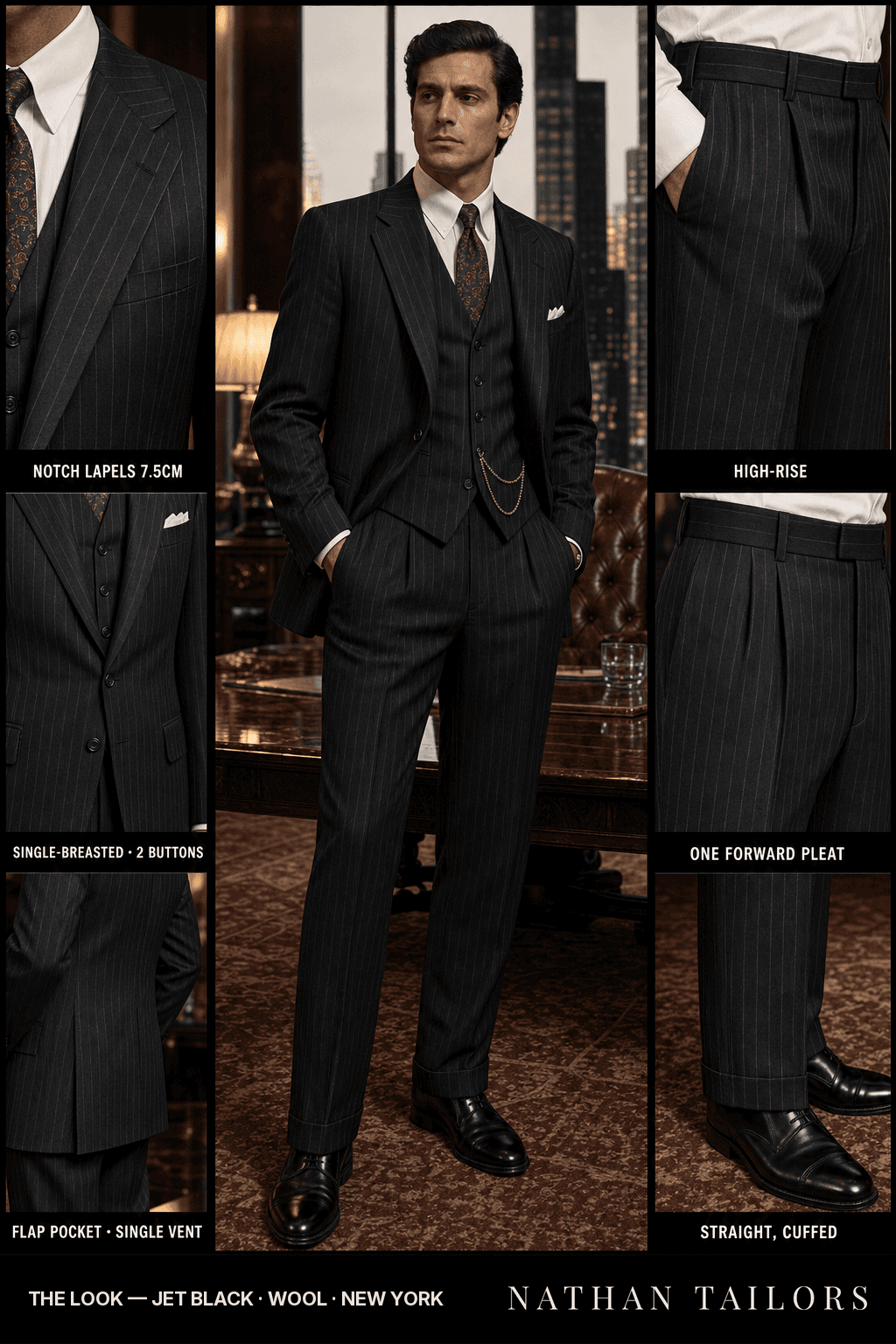 jet black chalk_stripe single-breasted bespoke suit — custom tailored by Nathan Tailors, the Hoi An custom tailor