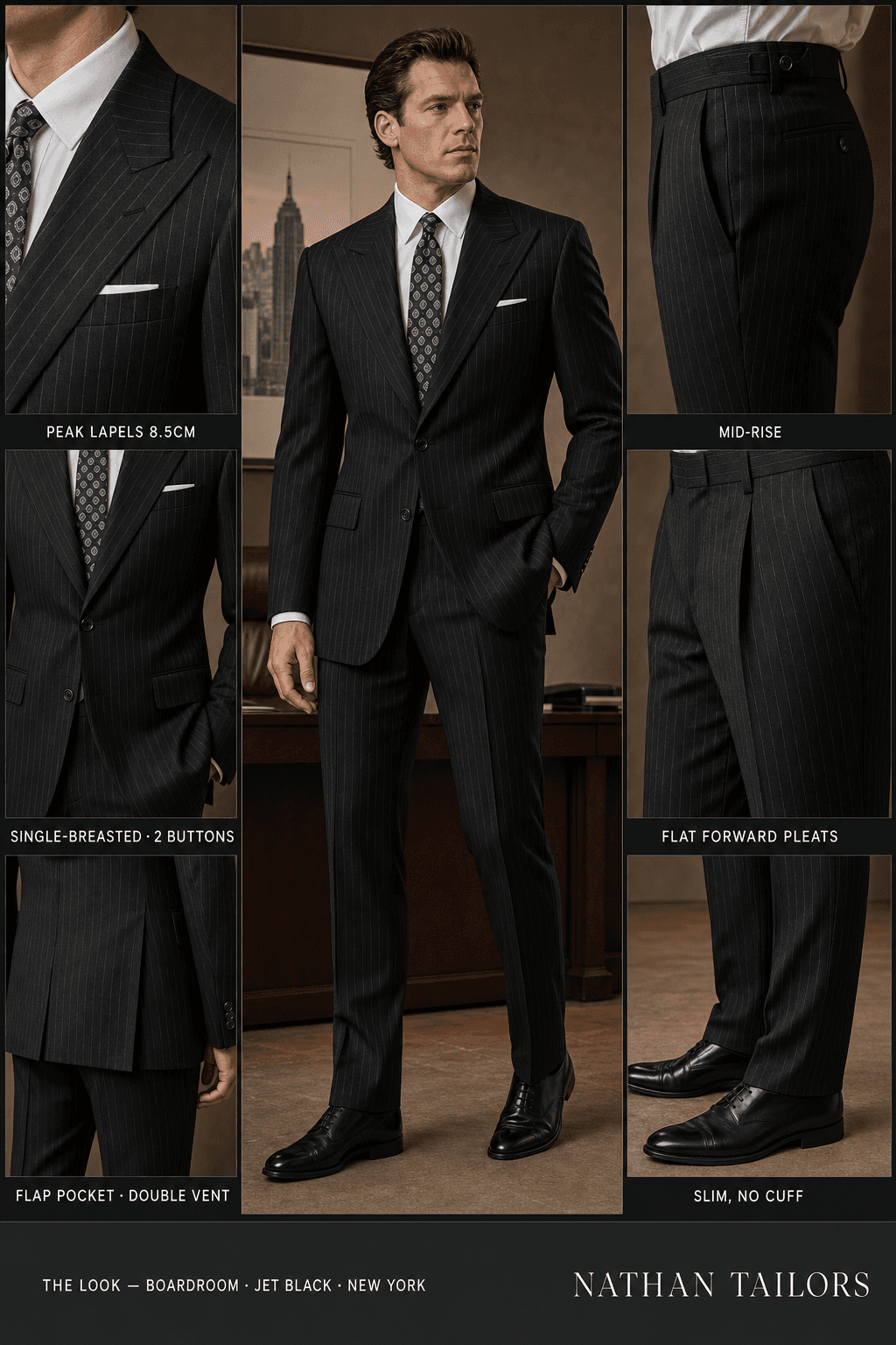 jet black chalk stripe single-breasted peak-lapel bespoke suit — AI-rendered by Nathan Tailors, the Hoi An custom tailor. Available as a custom tailored suit from $129.