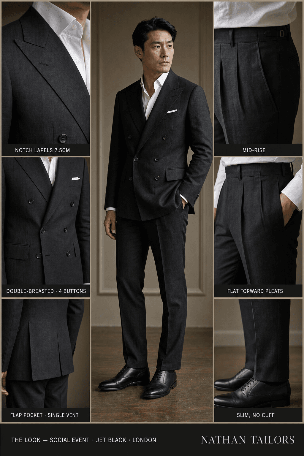 jet black double-breasted bespoke suit — custom tailored by Nathan Tailors, the Hoi An custom tailor