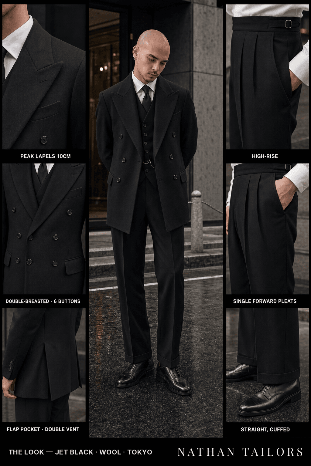 jet black double-breasted bespoke suit — custom tailored by Nathan Tailors, the Hoi An custom tailor