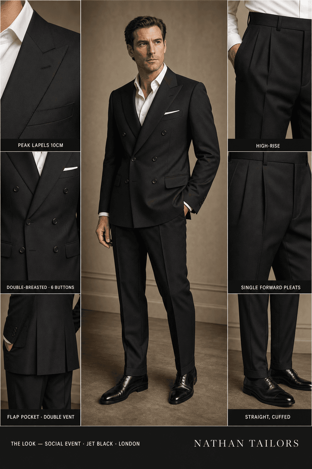jet black double-breasted bespoke suit — custom tailored by Nathan Tailors, the Hoi An custom tailor