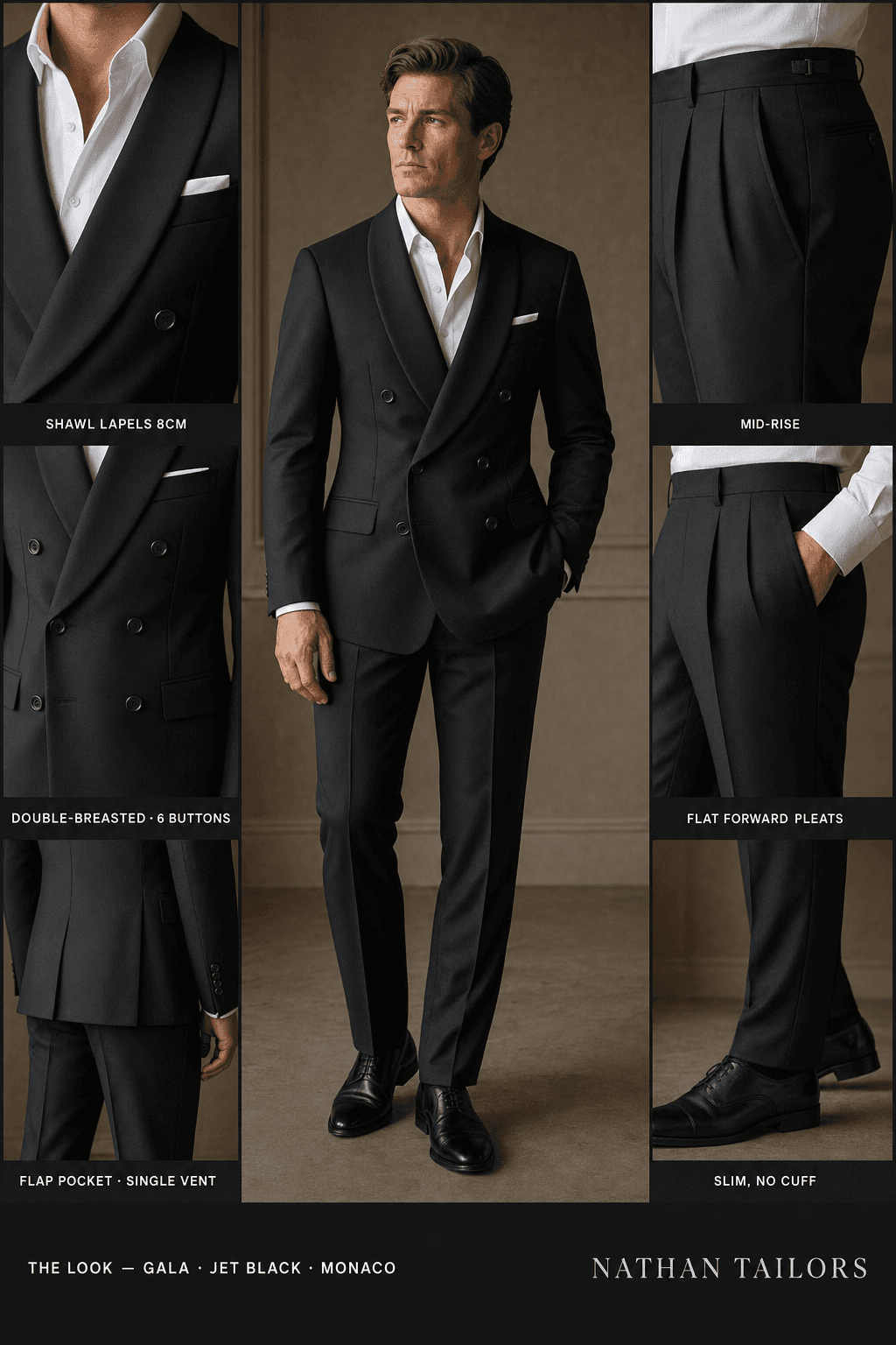 jet black double-breasted suit — Nathan Tailors Hoi An tailor Atelier render