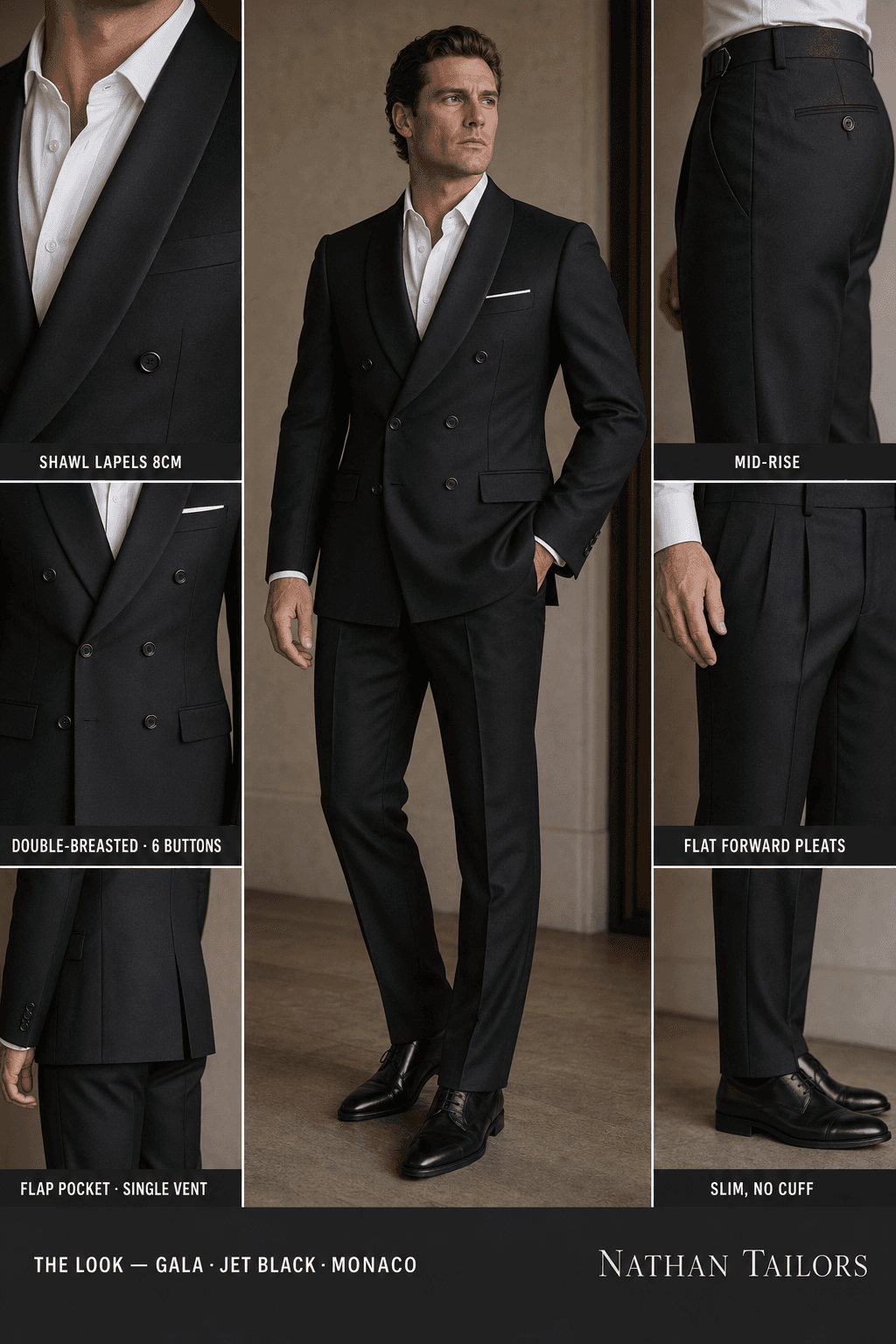 jet black double-breasted suit — Nathan Tailors Hoi An tailor Atelier render
