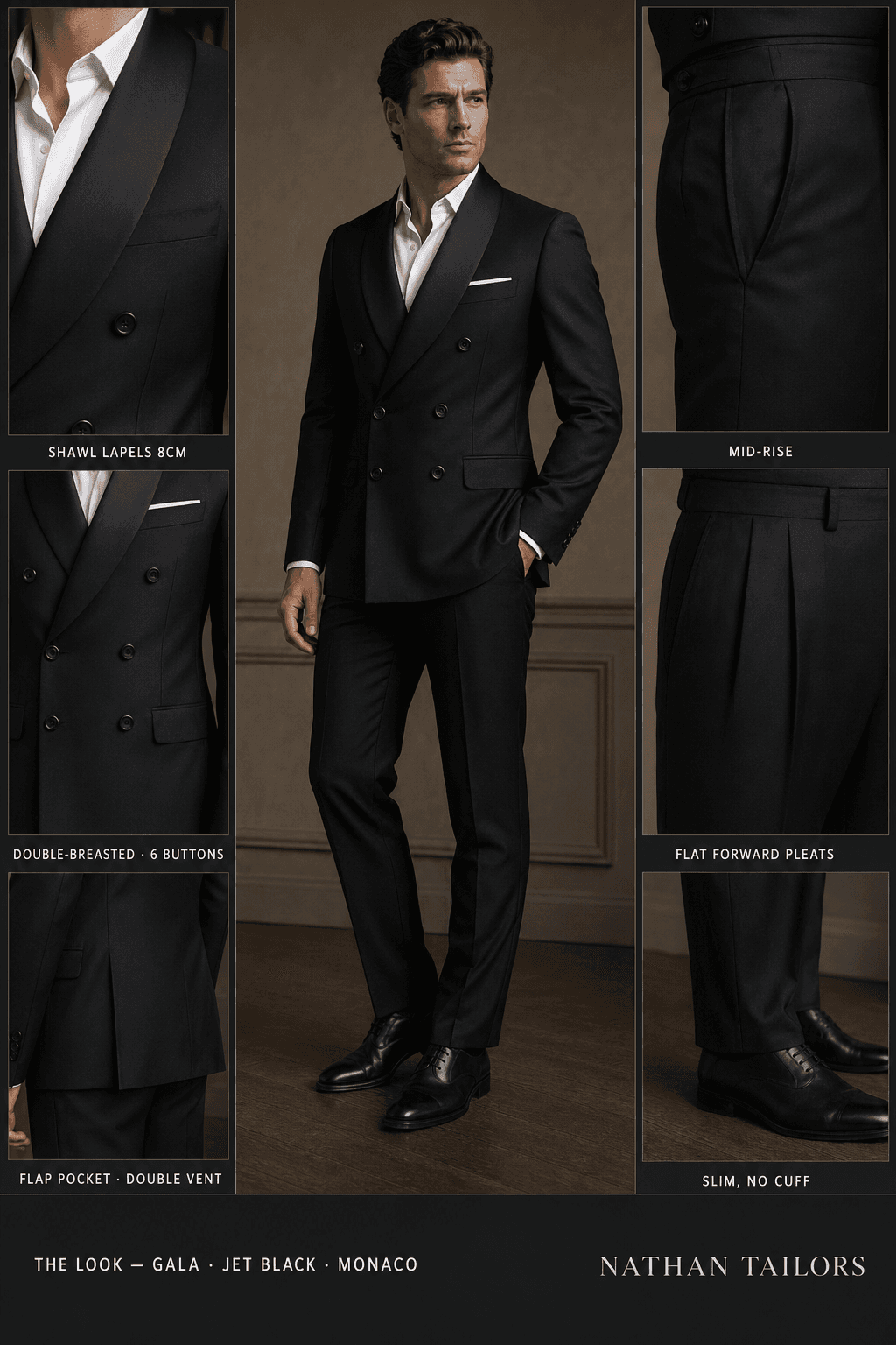 jet black double-breasted suit — Nathan Tailors Hoi An tailor Atelier render