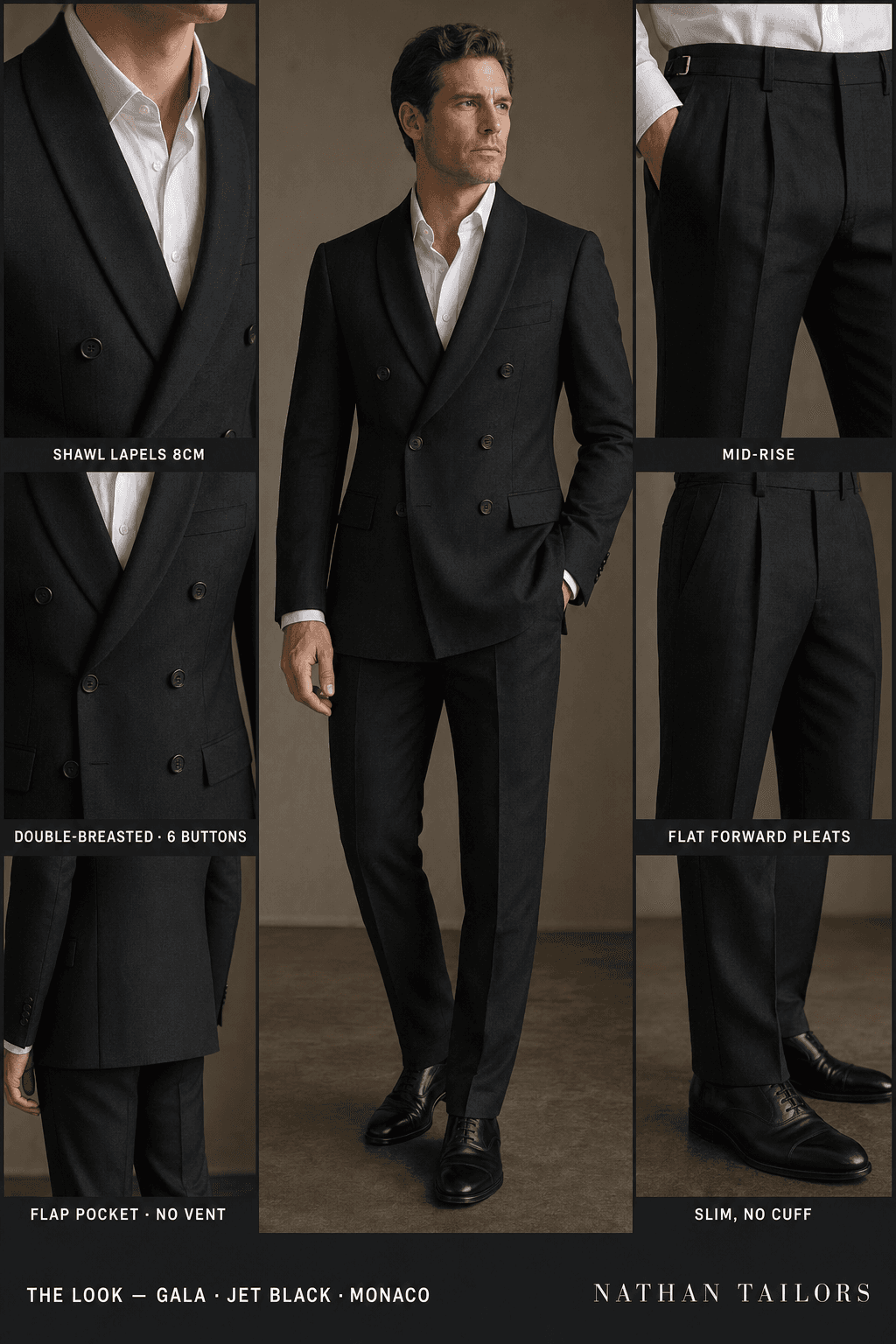 jet black double-breasted suit — Nathan Tailors Hoi An tailor Atelier render