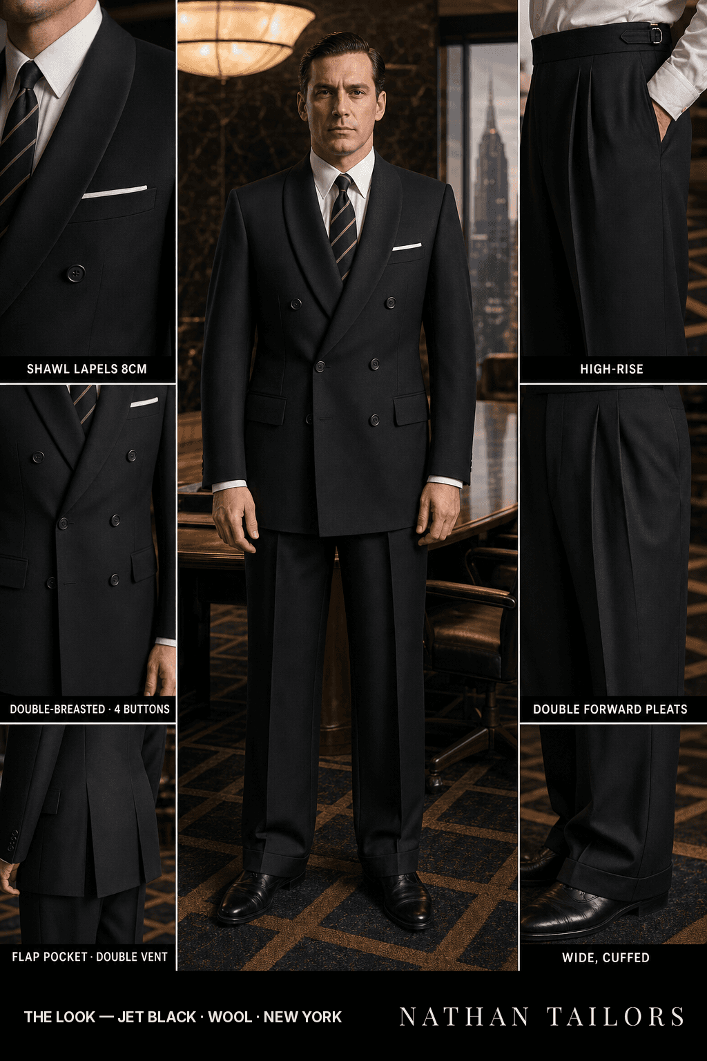 jet black double-breasted bespoke suit — custom tailored by Nathan Tailors, the Hoi An custom tailor