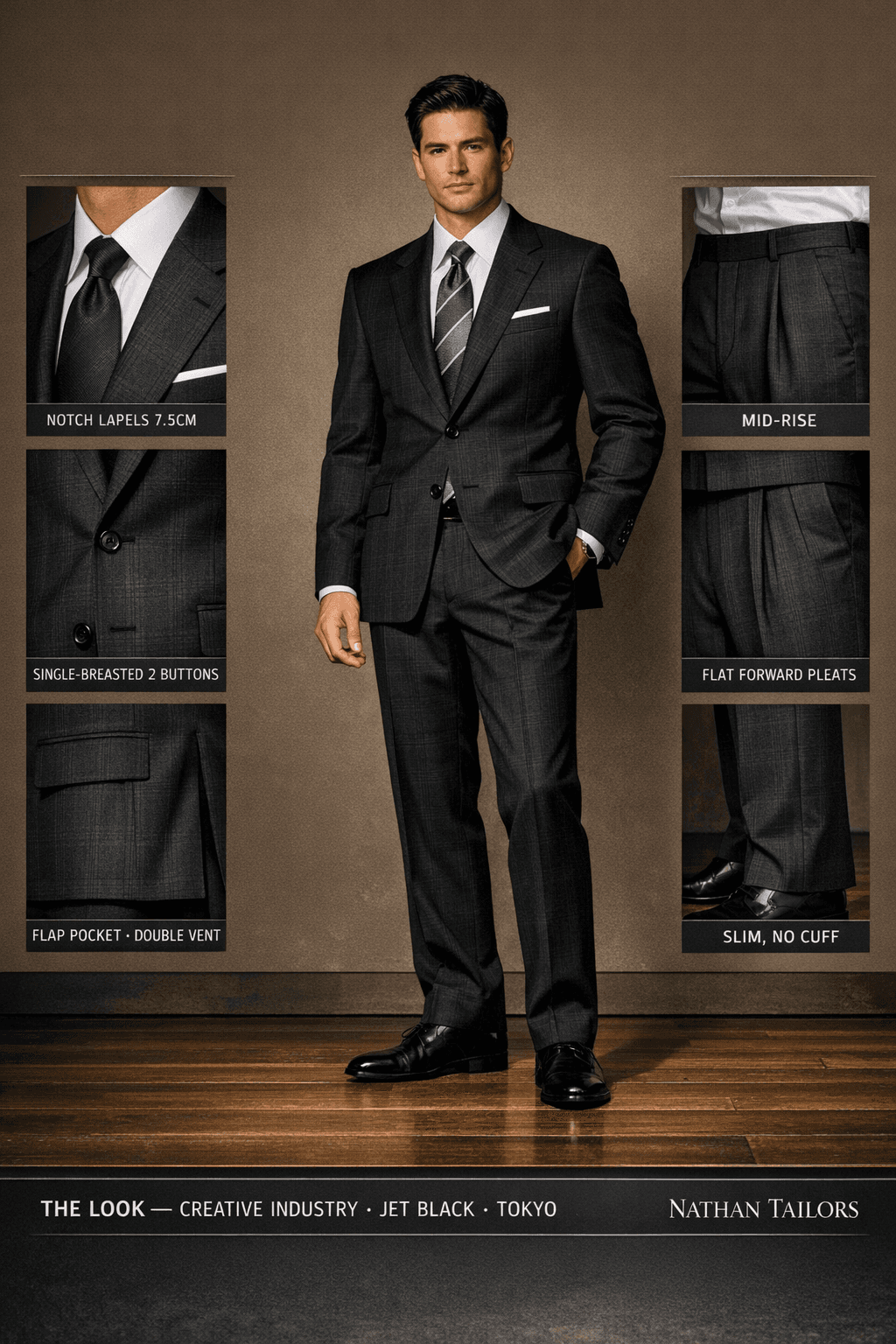 jet black single-breasted suit — Nathan Tailors Hoi An tailor Atelier render