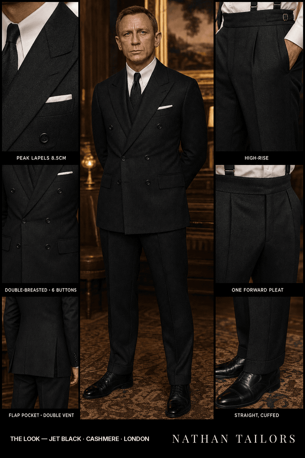jet black herringbone double-breasted bespoke suit — custom tailored by Nathan Tailors, the Hoi An custom tailor