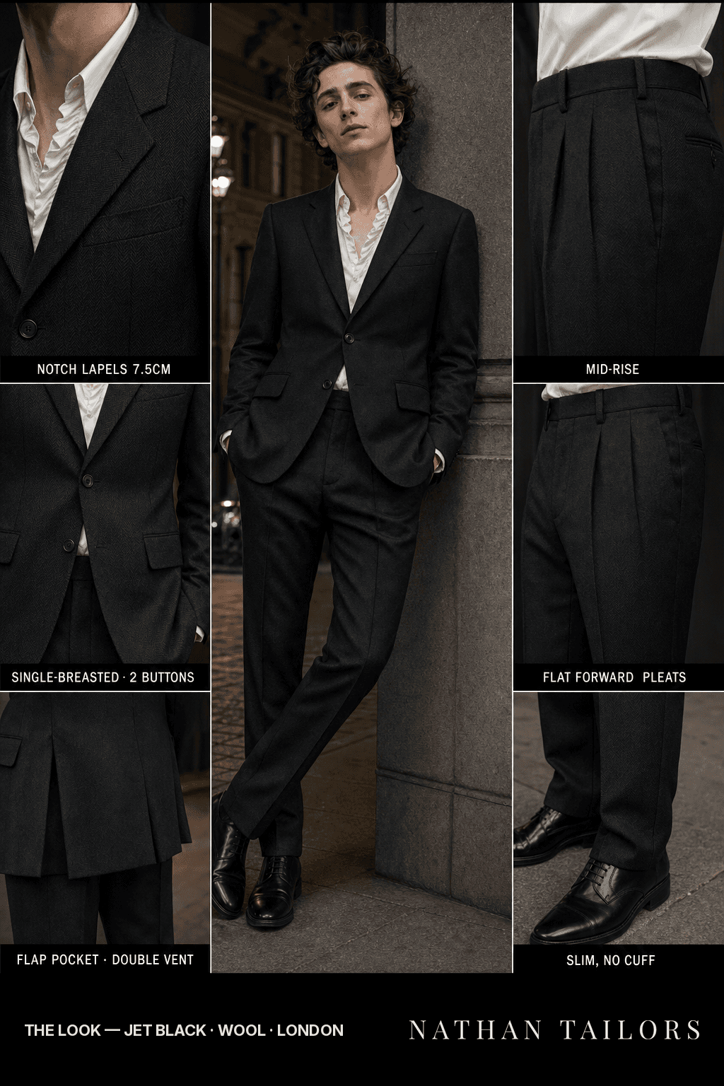 jet black herringbone single-breasted notch-lapel bespoke suit — AI-rendered by Nathan Tailors, the Hoi An custom tailor. Available as a custom tailored suit from $149.