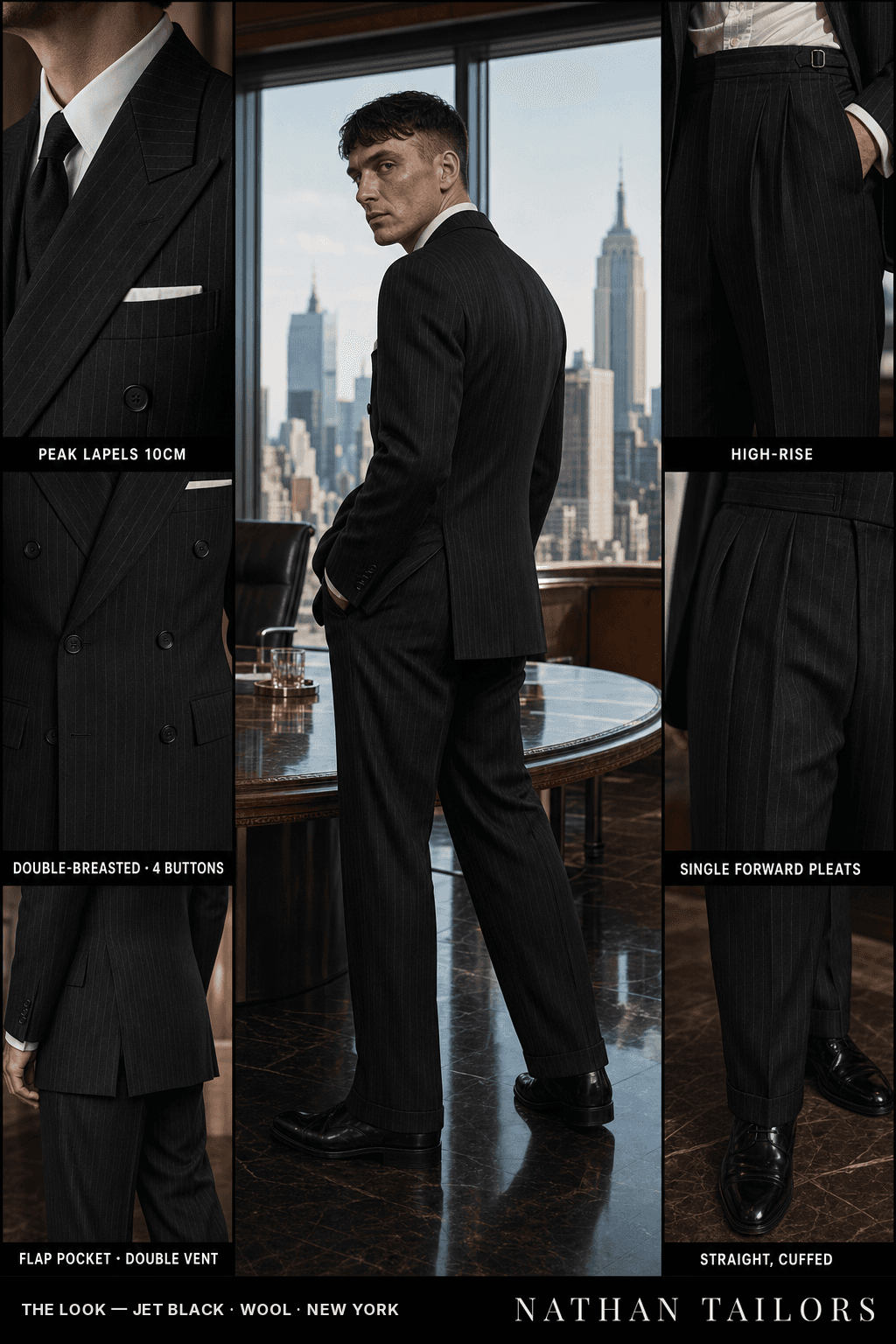 jet black pinstripe double-breasted bespoke suit — custom tailored by Nathan Tailors, the Hoi An custom tailor