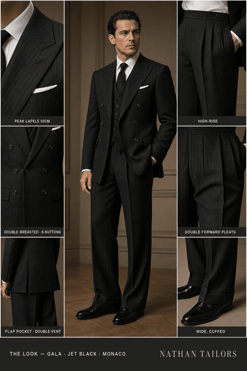 jet black pinstripe double-breasted bespoke suit — custom tailored by Nathan Tailors, the Hoi An custom tailor